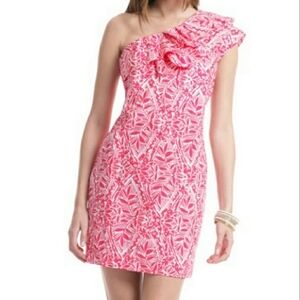 LILLY PULITZER One Shoulder Dress Pink White Sandra Giraffe SIZE 0